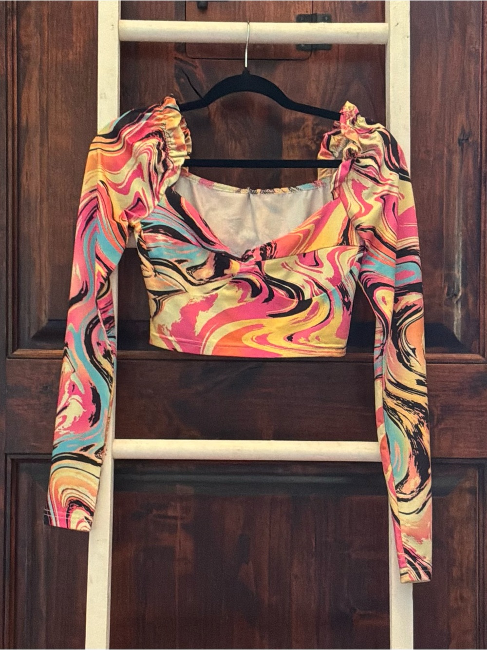 SHEIN Multicolor Swirl Long-Sleeve Square-Neck Crop Top
